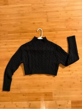 DKNY Black Cable Knit Cropped Turtleneck Sweater XXS
